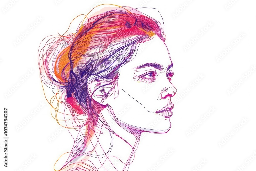 Continuous line fashion illustration of womans face and hair. Continuous line fashion illustration of womans face and hair.