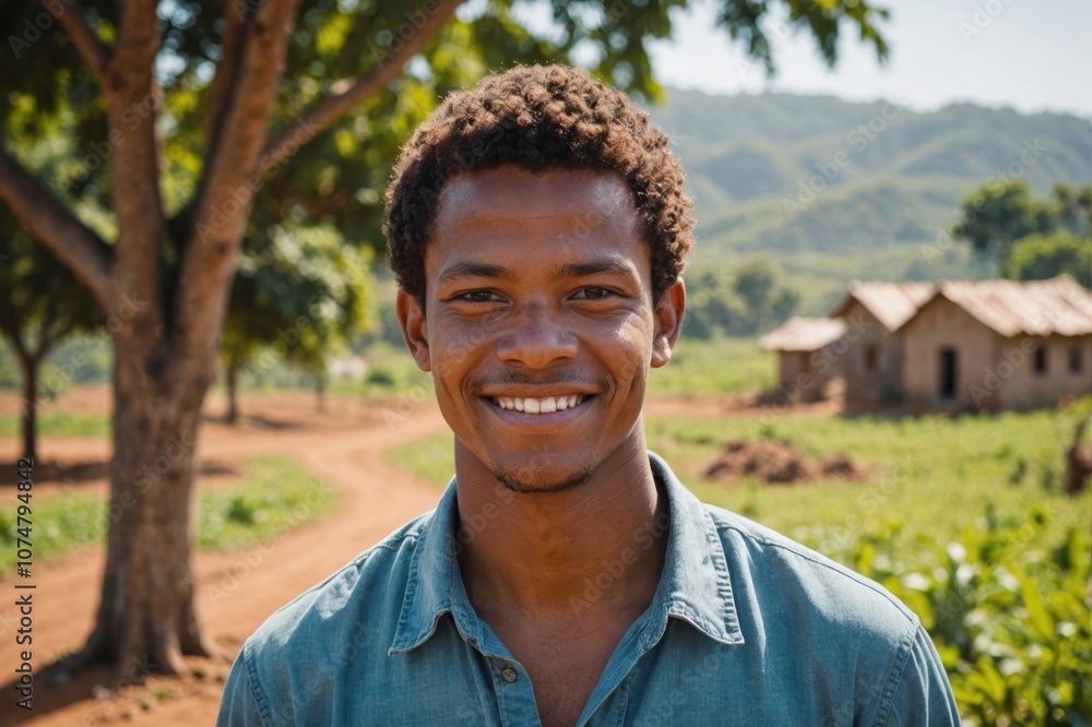 Close portrait of a smiling young Malagasy male farmer standing and looking at the camera, outdoors Malagasy rural blurred background Close portrait of a smiling young Malagasy male farmer standing and looking at the camera, outdoors Malagasy rural blurred background