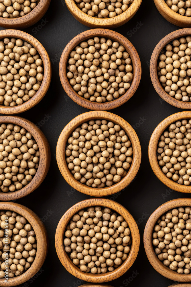 A pattern of wooden bowls filled with coriander seeds arranged on a dark background, emphasizing the natural texture and earthy quality of the spice in a symmetrical display.. A pattern of wooden bowls filled with coriander seeds arranged on a dark background, emphasizing the natural texture and earthy quality of the spice in a symmetrical display..