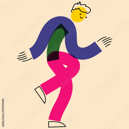 Human character in geometric flat style. An active guy, a man on the move. The effect of risograph printing. For social networks, posters, banners, fabric design.