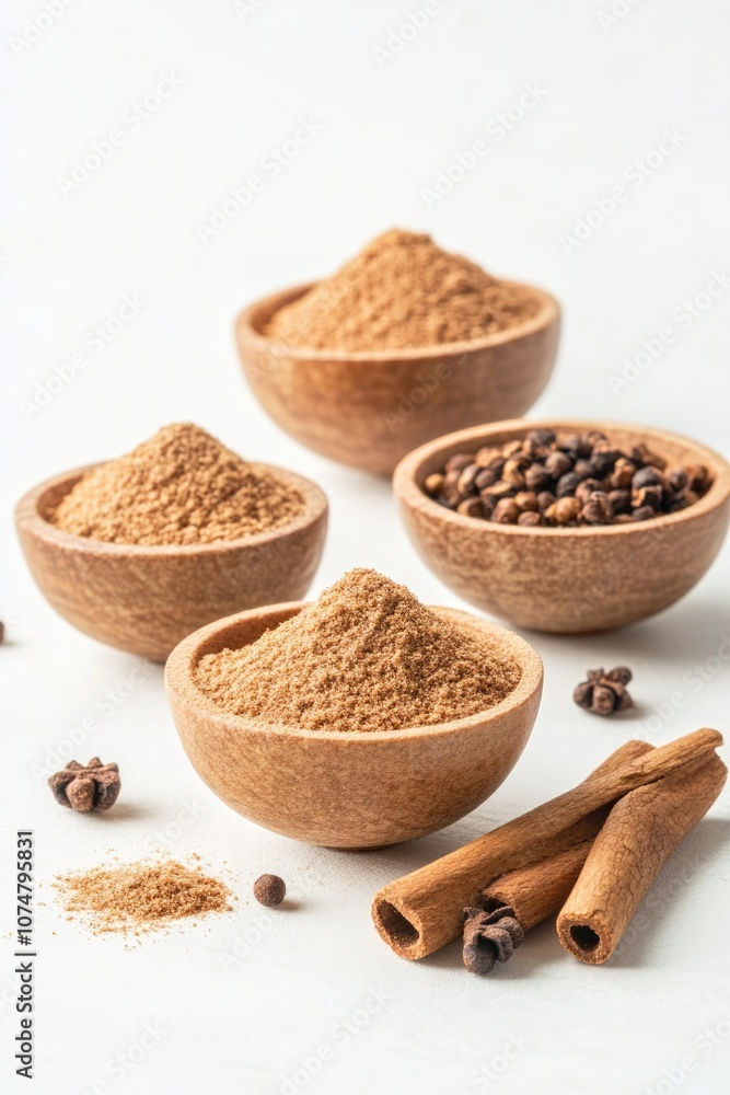A collection of wooden bowls with ground spices, whole peppercorns, cinnamon sticks, and nutmeg on a light background, offering a rustic and natural culinary presentation.. A collection of wooden bowls with ground spices, whole peppercorns, cinnamon sticks, and nutmeg on a light background, offering a rustic and natural culinary presentation..