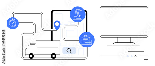 Truck navigating mapped route using location pin, industrial, residential markers, stopwatch, and computer screen. Ideal for logistics management, delivery services, route planning, time tracking