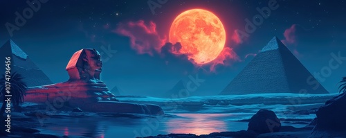 Stylized illustration of the Sphinx and pyramids under a vivid red moonlit sky, with dramatic lighting and reflections on water, creating a mystical Egyptian night scene