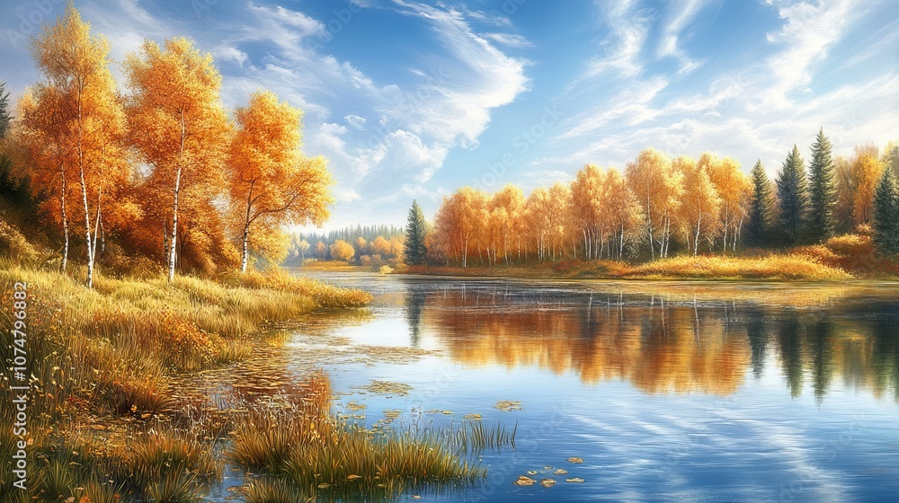 Autumn Lake Landscape: Golden Trees Reflecting in Calm Water Autumn Lake Landscape: Golden Trees Reflecting in Calm Water