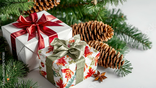 Beautifully wrapped holiday gifts surrounded by pine cones and greenery on a white background