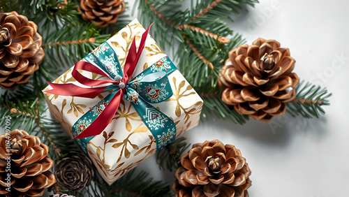 Beautifully wrapped holiday gifts surrounded by pine cones and greenery on a white background