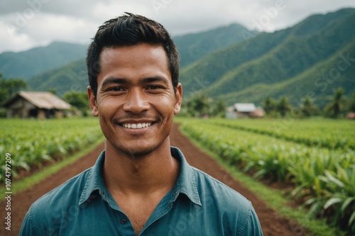 Close portrait of a smiling young Micronesian male farmer standing and looking at the camera, outdoors Micronesian rural blurred background