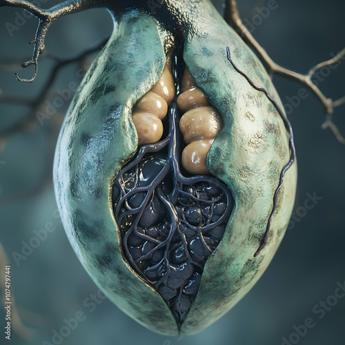 
Gallbladder with bile duct and biliary tree 3D rendering illustration anterior or front view close-up. Organ of the human digestive system. Anatomy, medical, biology, science, healthcare concepts. photo