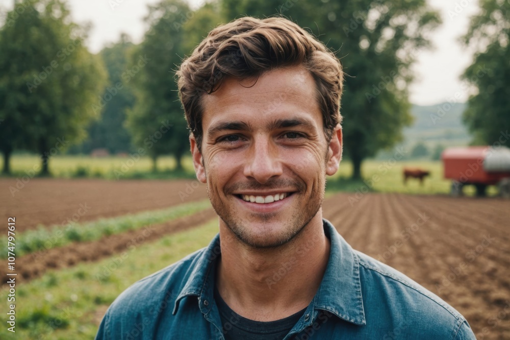 Close portrait of a smiling young Monacan male farmer standing and looking at the camera, outdoors Monacan rural blurred background Close portrait of a smiling young Monacan male farmer standing and looking at the camera, outdoors Monacan rural blurred background