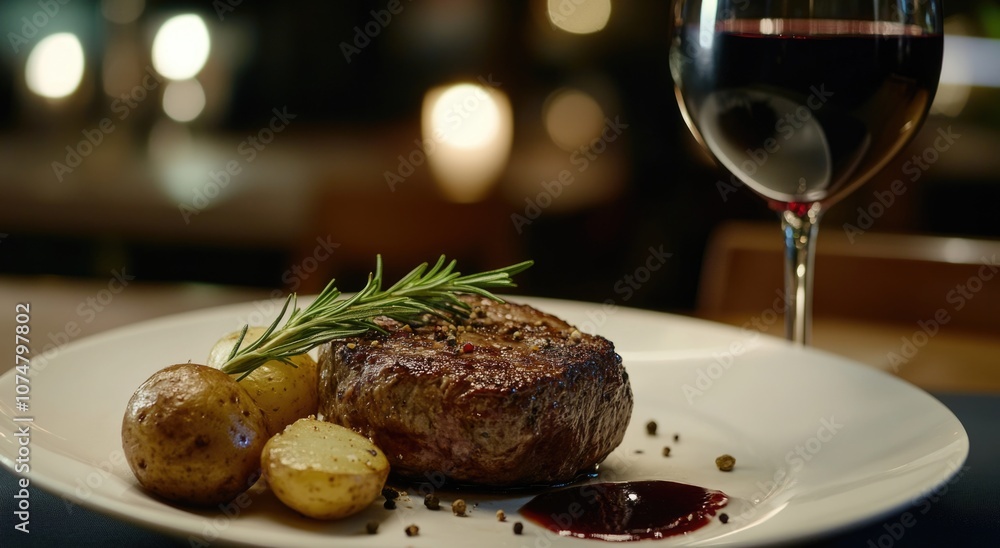Steak with potato and rosemary, dinner in a restaurant with a luxurious background. Steak with potato and rosemary, dinner in a restaurant with a luxurious background.