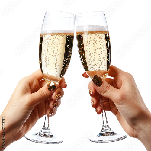 Hands toasting with champagne glasses isolated on transparent background