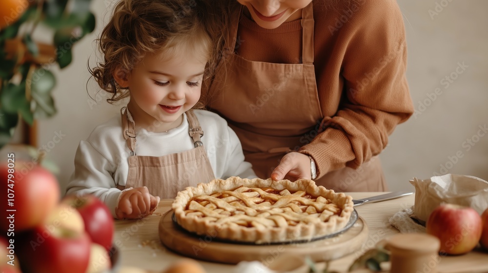 A mother and daughter baking a pie together in a cozy kitchen filled with fresh apples during a sunny afternoon A mother and daughter baking a pie together in a cozy kitchen filled with fresh apples during a sunny afternoon
