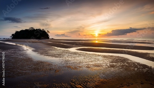 a quiet beach in miri sarawak in malaysia at sunset with low tides photo