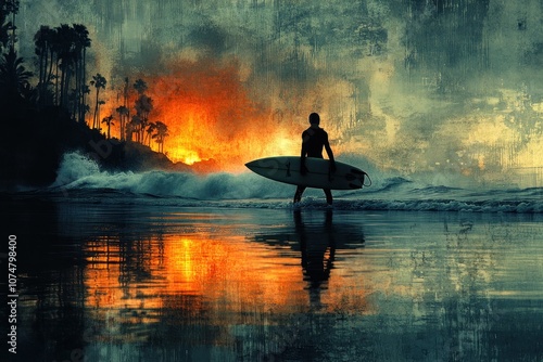 Silhouette of Surfer at Sunset