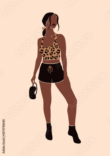 abstract no face full body portrait of a young woman of color in cheetah print pajamas outfit, lady in comfy sleepwear, beautiful black arican girl in loungewear, isolated vector illustration photo