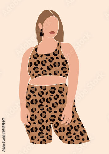 abstract no face young curvy woman in cheetah print pajamas, lady in comfy yoga outfit, beautiful girl in loungewear, pilates studio concept, isolated vector illustration