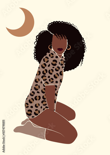 abstract no face portrait of a young woman of color sitting in cheetah print pajamas outfit, lady in comfy sleepwear, beautiful black arican girl in loungewear, isolated vector illustration photo