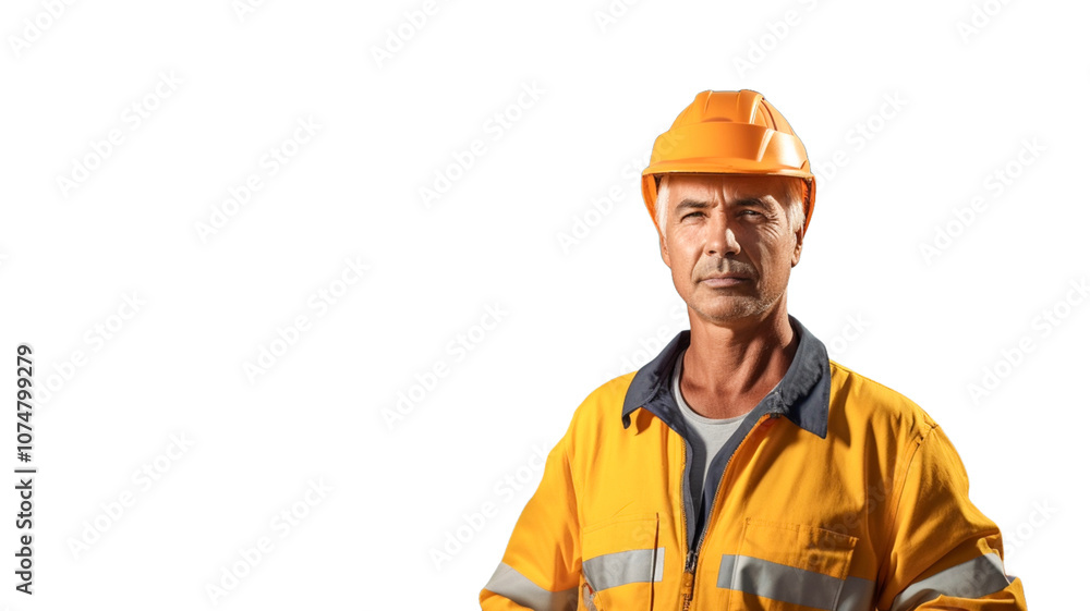 Confident middle-aged male engineer wearing workwear and safety white helmet on transparency background PNG. Confident middle-aged male engineer wearing workwear and safety white helmet on transparency background PNG.