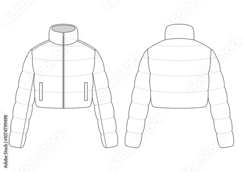 Vector fashion technical drawing of a cropped down jacke twith front and back view. Long sleeves. Metal zipper. Side pockets. Down and feather filling. Polyester fabric.