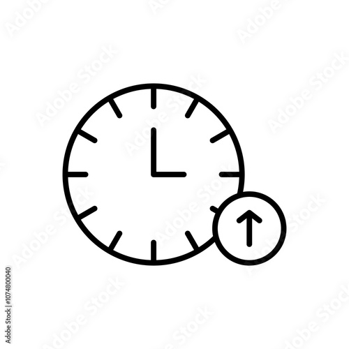 icon up time,Clock face with hour hand pointing at 12 and upward arrow. Perfect for time management, goal setting, productivity concepts in various designs.