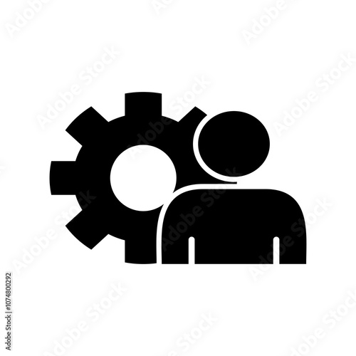 icon Person holding large gear represents technical support or settings. Perfect for technology, customer service, troubleshooting concepts in design projects.