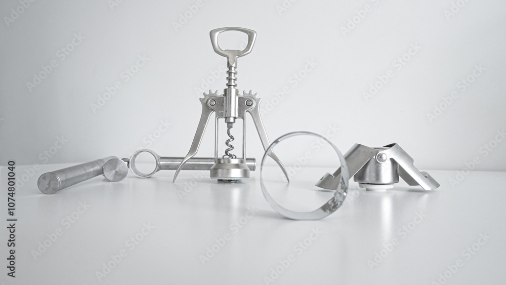 Different steel kitchen items on white table and white background Different steel kitchen items on white table and white background