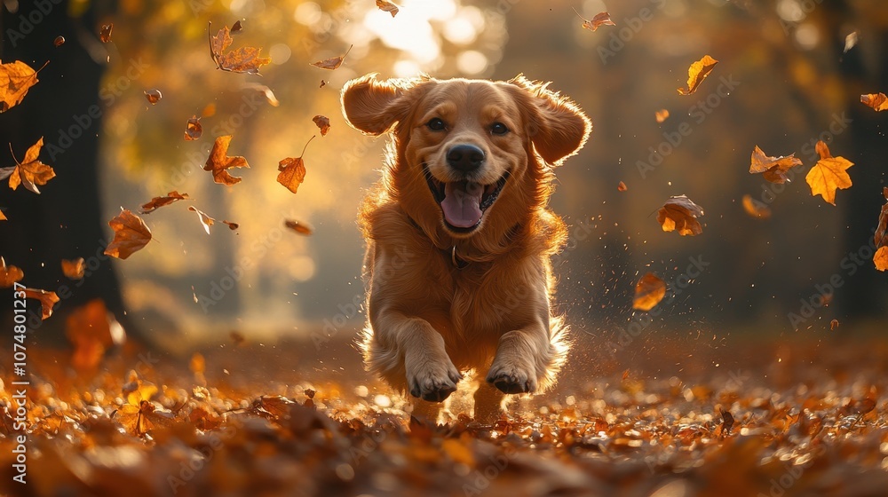 Golden Retriever Joyfully Chases Falling Leaves in a Dreamlike Autumn Wonderland Golden Retriever Joyfully Chases Falling Leaves in a Dreamlike Autumn Wonderland