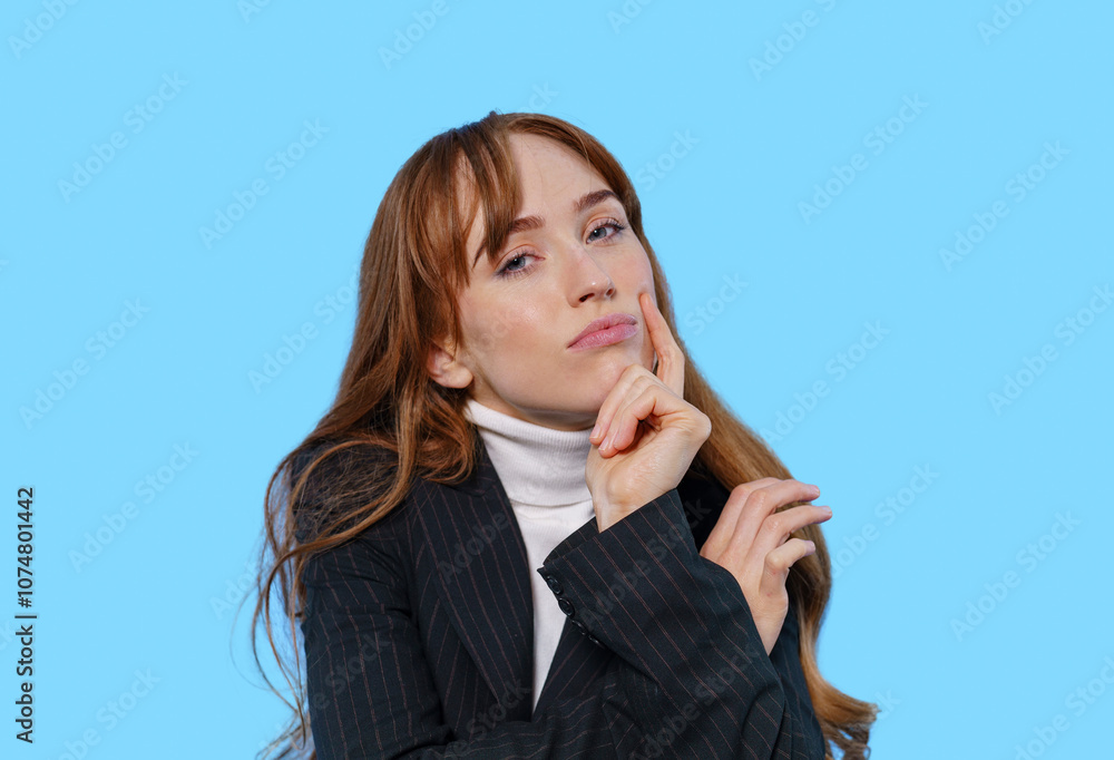 A thoughtful woman in a business outfit poses against a blue background, reflecting on her ideas, conveying confidence and professionalism A thoughtful woman in a business outfit poses against a blue background, reflecting on her ideas, conveying confidence and professionalism