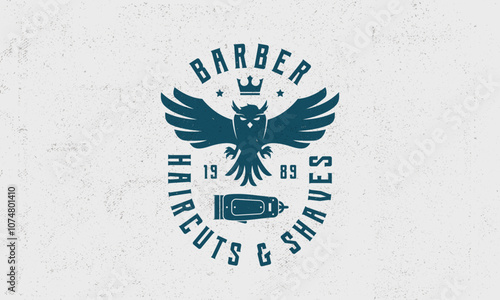 Barbershop logo. Barber logo with owl and hair clipper silhouette. Vintage poster for barbershop. Retro print for Haircut's salon, T-shirt, typography. Vector graphic template