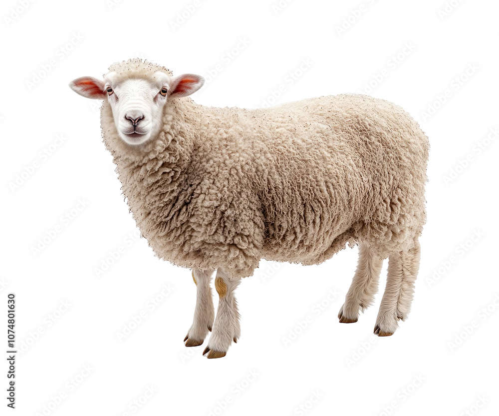 Fototapeta premium Merino sheep with thick fleece isolated on transparent background