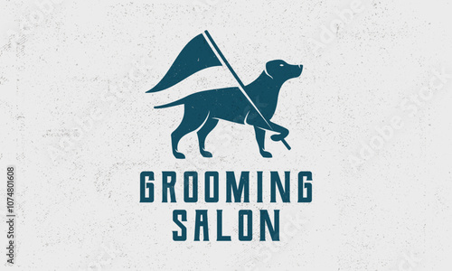 Grooming Salon - vintage logo concept. Logo of Pet Groom, Barber with dog and flag silhouette. Dog Grooming logo template. Grunge texture. Vector illustration