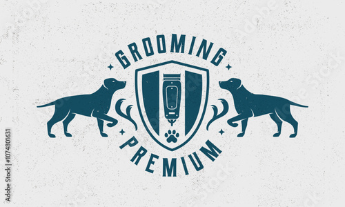 Pet Grooming - logo, poster concept. Logo of Pet Groom with dogs and hair clipper silhouette. Dog Grooming logo template. Grunge texture. Vector illustration