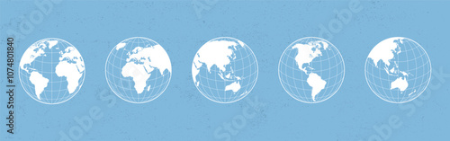 World globe maps set. Europe, Asia, America, Oceania globe maps. Earth globe icons isolated on blue background. Vector illustration.
