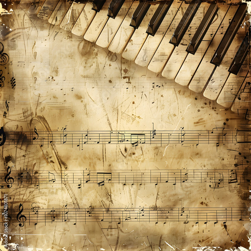 Vintage background with musical notes and piano keys, vintage texture, vintage style, vintage tones, sepia tone, old paper texture