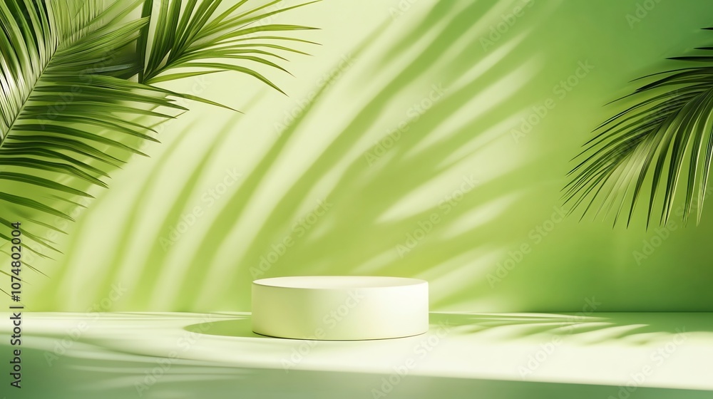 A light green podium sits in front of a lime green background with palm leaves casting shadows. A light green podium sits in front of a lime green background with palm leaves casting shadows.