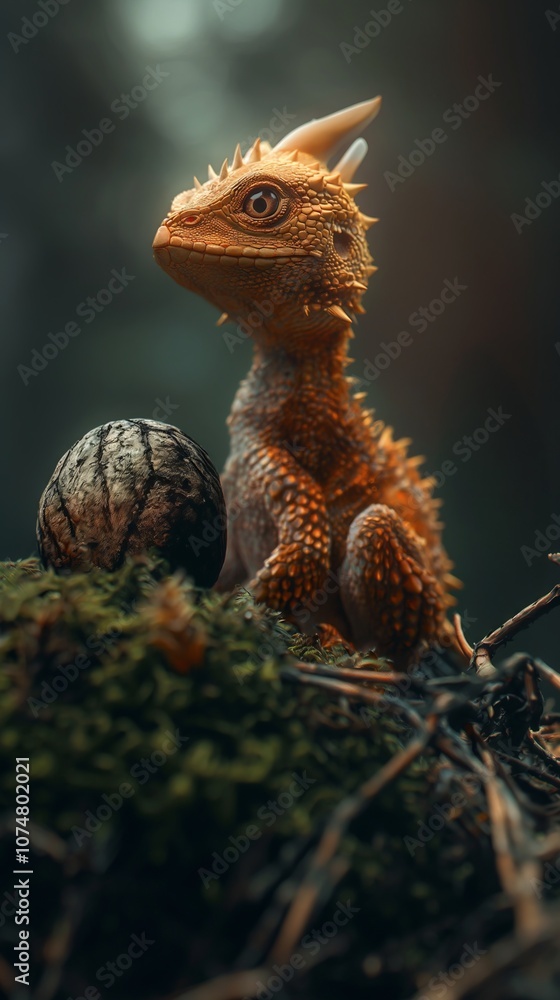 Obraz premium Enchanting baby creature emerging from egg in mystical forest setting