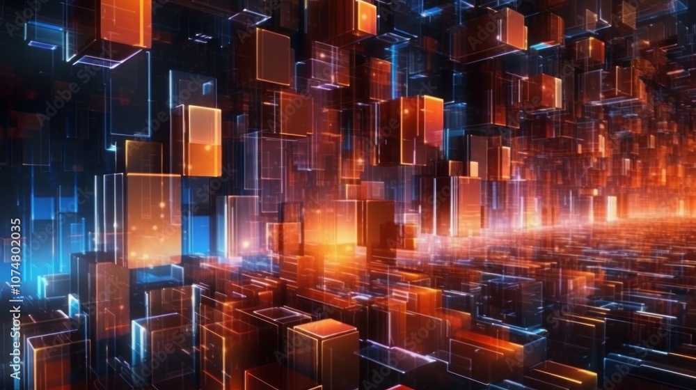 Abstract Digital Cityscape with Glowing Cubes Abstract Digital Cityscape with Glowing Cubes