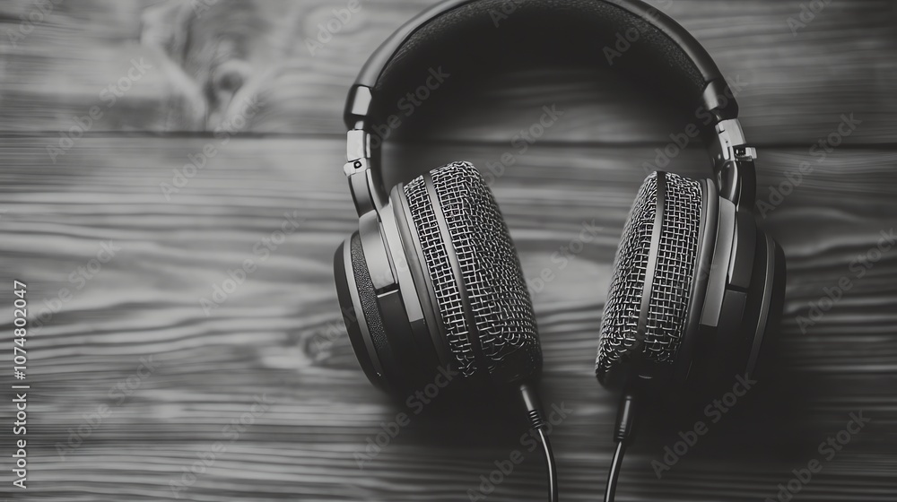 A pair of headphones rest on top of a microphone. A pair of headphones rest on top of a microphone.
