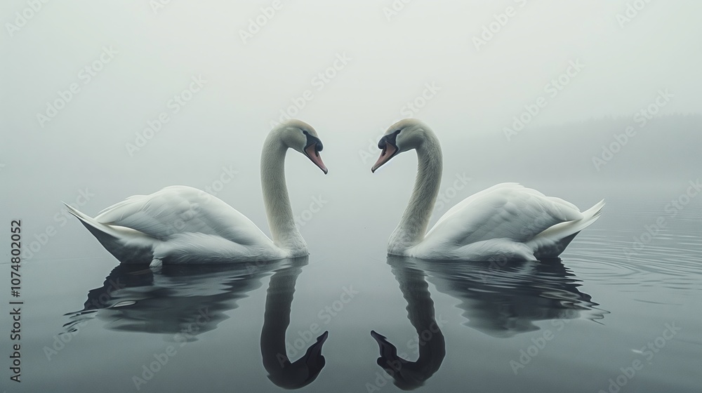 Elegant swans in misty lake serenity for nature decor or tranquility design Elegant swans in misty lake serenity for nature decor or tranquility design