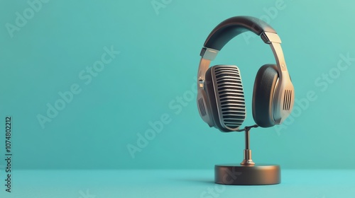 A vintage microphone with headphones on top of it in front of a blue background.