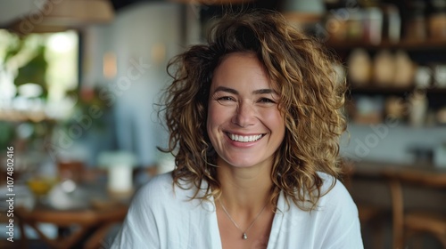 Joyful woman with curly hair relaxing in modern cafe environment