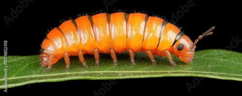 Bright Orange Firefly Larva with Poisonous Secretions Firefly larva on leaf, closeup of bright warning colors and toxic potential photo