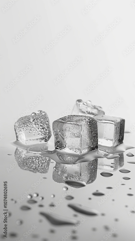 Minimalist concept of ice cubes on reflective surface for cooling or refreshment themes Minimalist concept of ice cubes on reflective surface for cooling or refreshment themes
