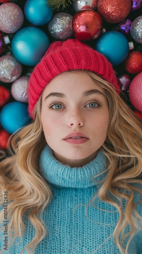 Minimalist festive portrait of girl in holiday cap surrounded by colorful ornaments Minimalist festive portrait of girl in holiday cap surrounded by colorful ornaments