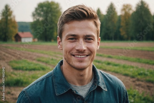 Close portrait of a smiling young Russian male farmer standing and looking at the camera, outdoors Russian rural blurred background