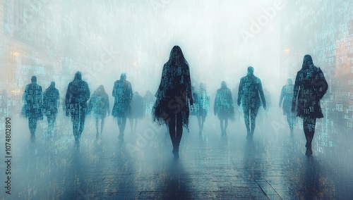 A group of people walking in the city, all blurred except for one person whose silhouette is clear and prominent against an abstract background of light blue tones. 