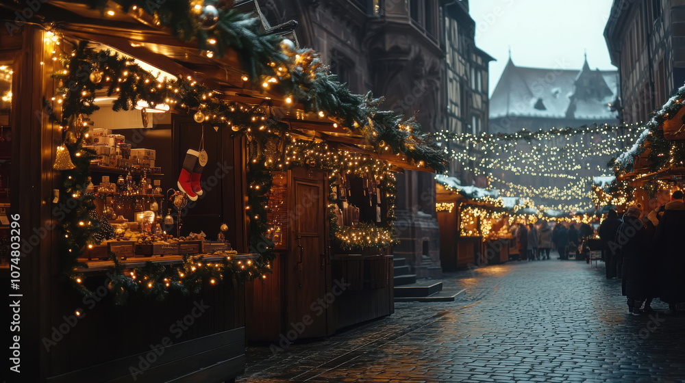 Traditional christmas market stall at dusk in a festive european village Traditional christmas market stall at dusk in a festive european village