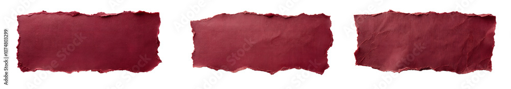 Set of maroon torn paper piece in deep red copy space, rough and textured edges, isolated on a white background. PNG, cutout, or clipping path. Set of maroon torn paper piece in deep red copy space, rough and textured edges, isolated on a white background. PNG, cutout, or clipping path.