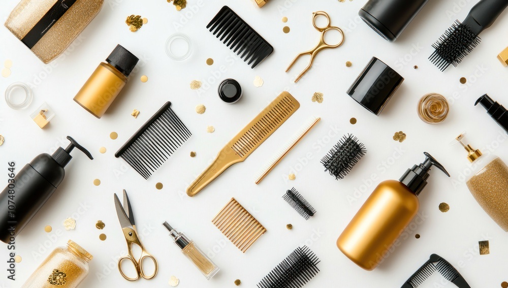 Gold and Black Hair Care Accessories Flat Lay Gold and Black Hair Care Accessories Flat Lay