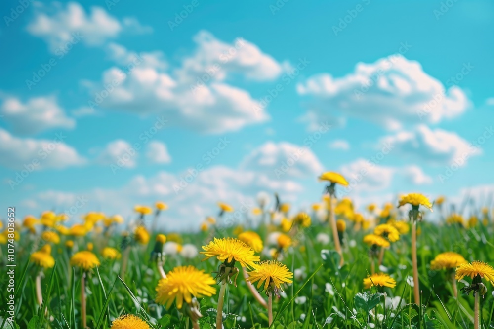 Vibrant meadow field with dandelion flowers under blue sky. Vibrant meadow field with dandelion flowers under blue sky.